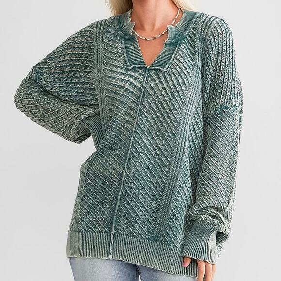 BKE Washed Notch Neck Oversized Cotton Open Weave Jasper Green Sweater Size S - Picture 4 of 14